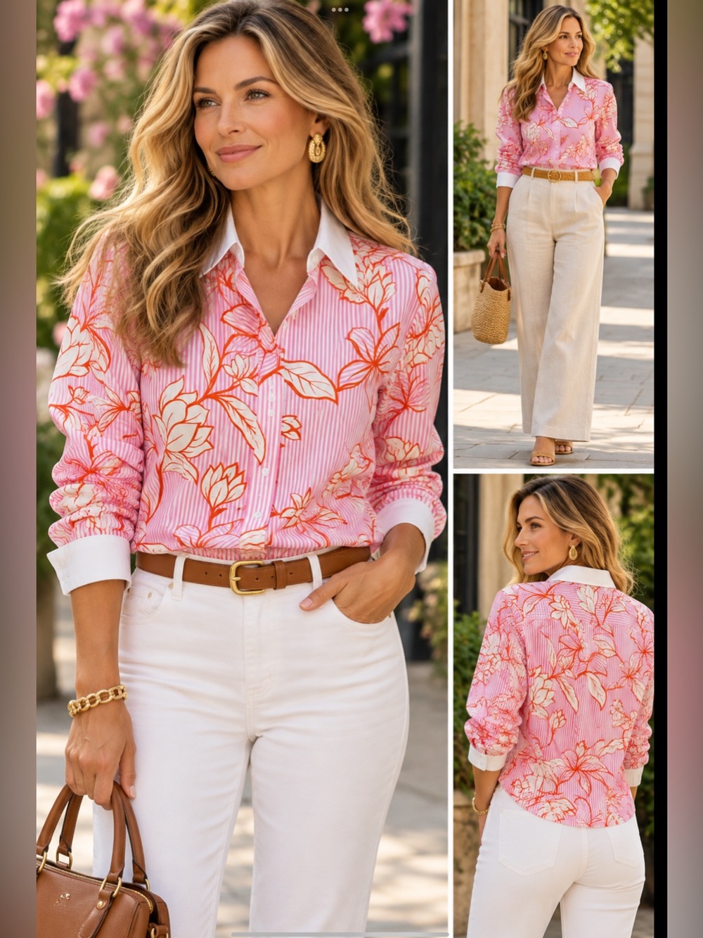 Talbots Non-Iron Pink Striped Floral Button Down Shirt. Size 12